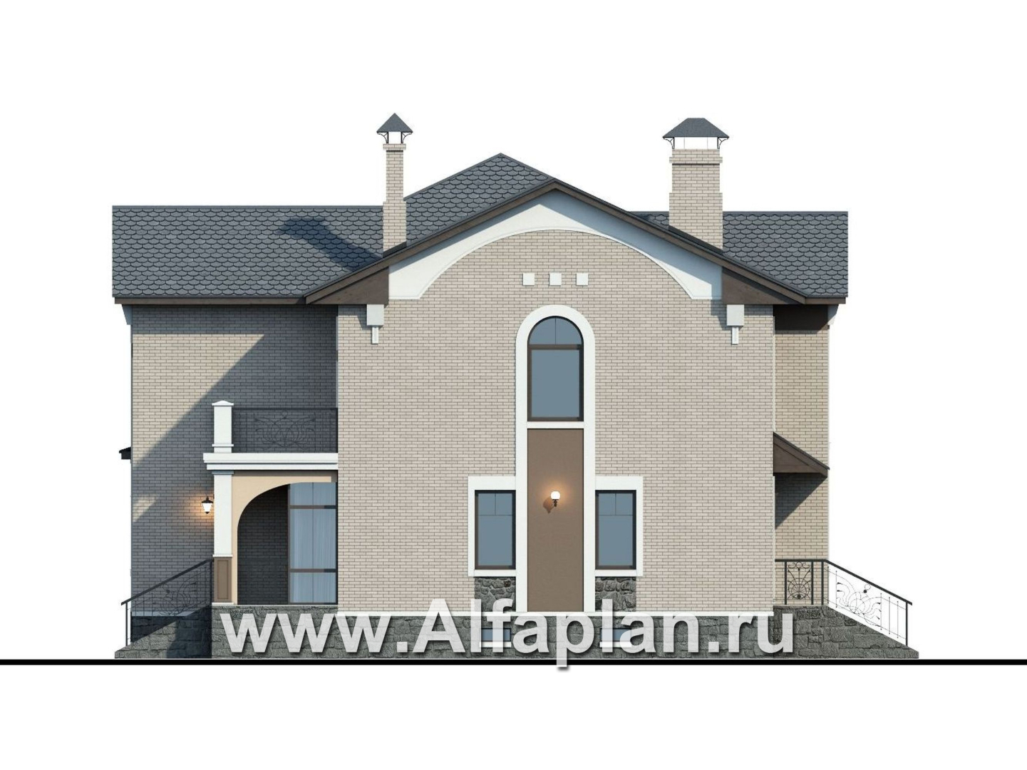 Проекты домов Альфаплан - «Голицын» - коттедж с двусветной гостиной и цоколем - изображение фасада №2