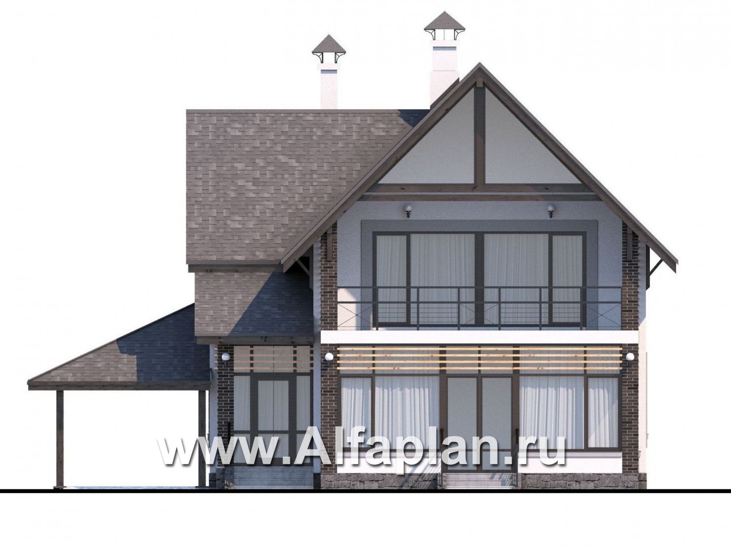 Проекты домов Альфаплан - «Арматор»- современный дом с террасой, лоджией и навесом для авто. - изображение фасада №1
