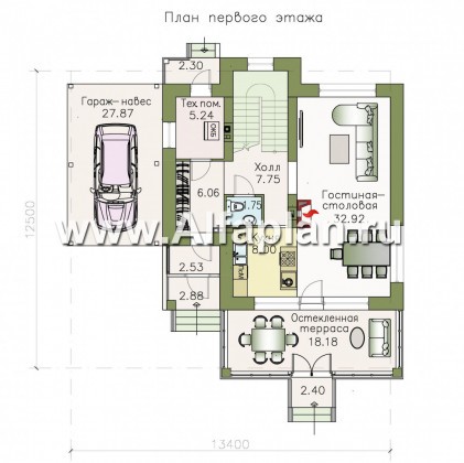 Проекты домов Альфаплан - «Арматор»- современный дом с террасой, лоджией и навесом для авто. - превью плана проекта №1