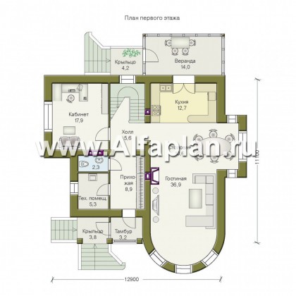 Проекты домов Альфаплан - «Авалон» - коттедж с полукруглым эркером - превью плана проекта №1