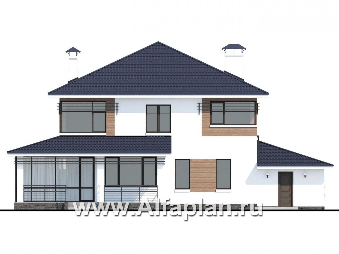 Проекты домов Альфаплан - «Рассвет» - коттедж с эффектными угловыми окнами, гаражом и верандой - изображение фасада №4