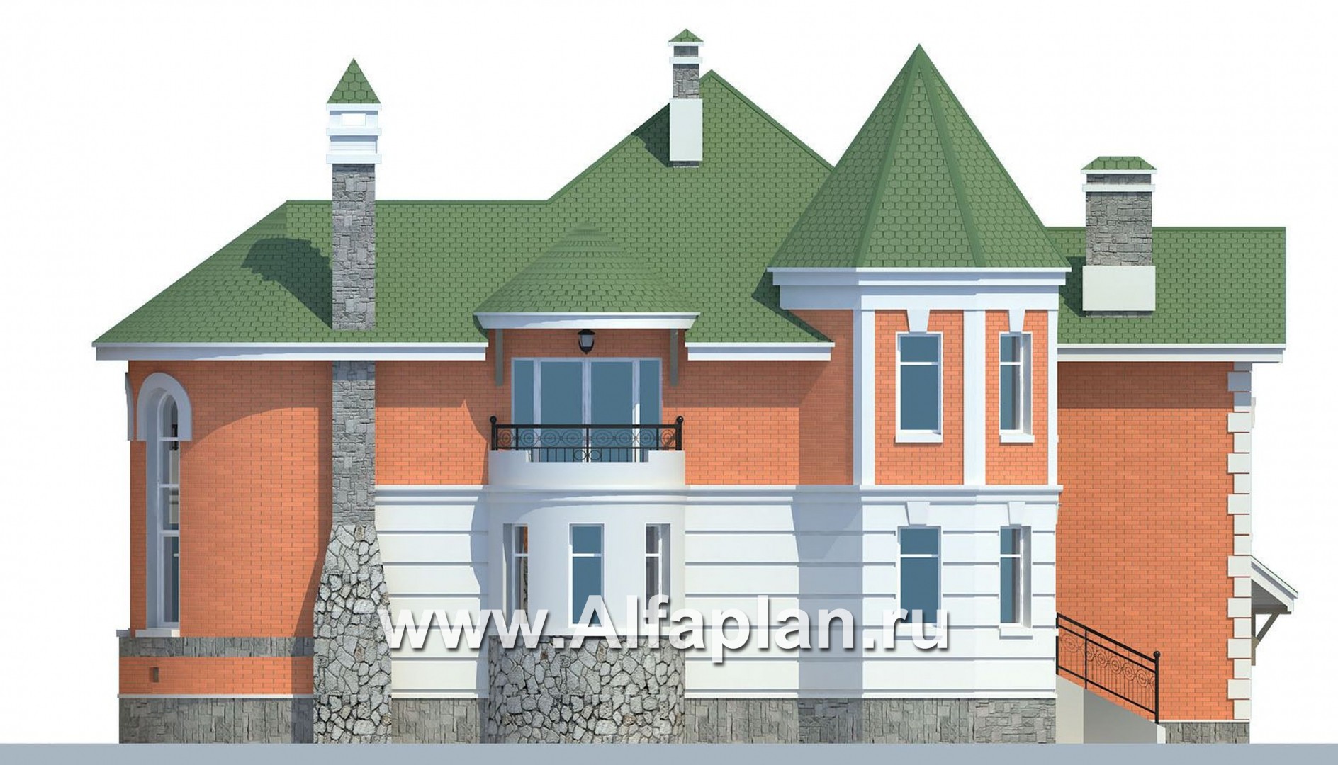 Проекты домов Альфаплан - «Паркон» - коттедж с угловой башенкой - изображение фасада №3