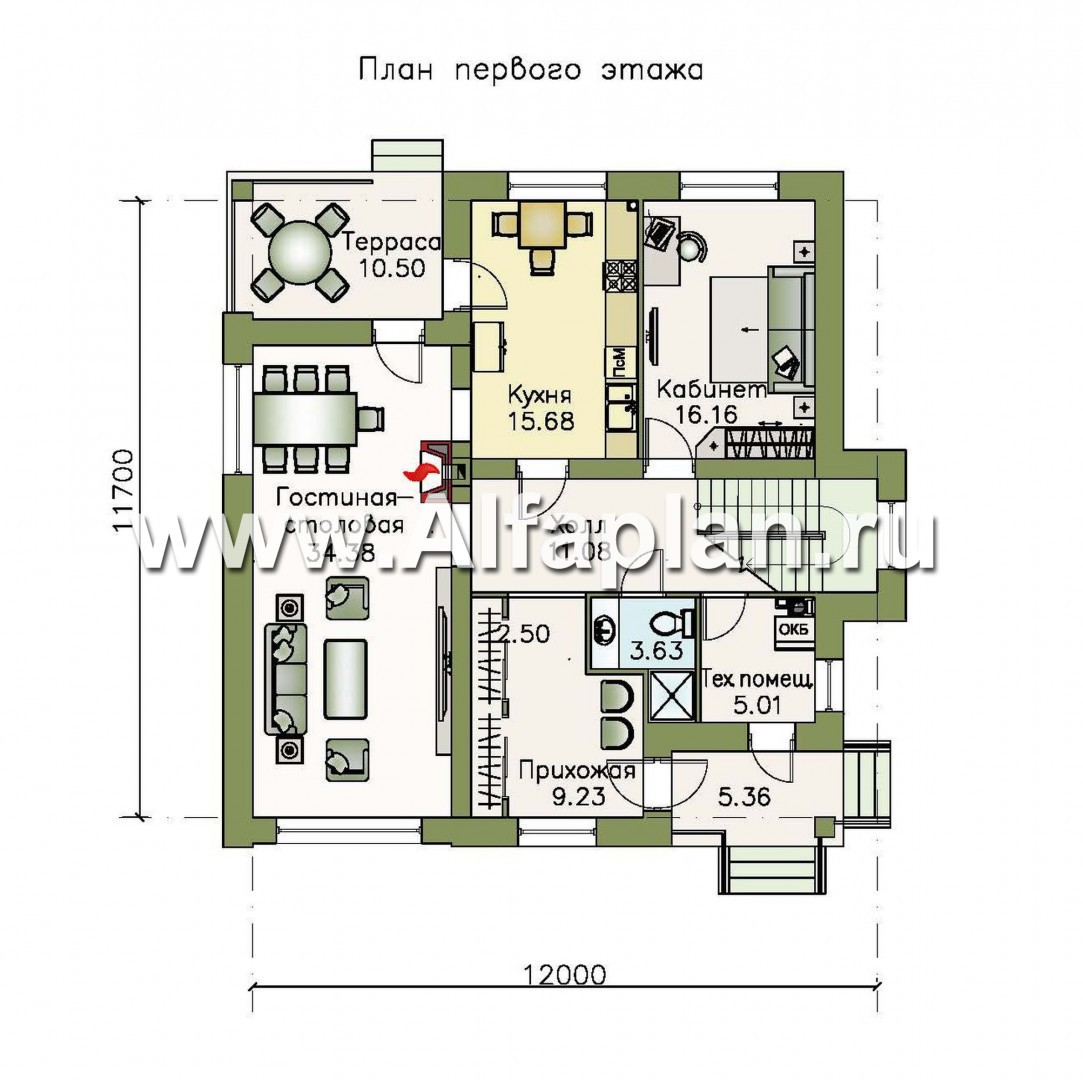 Проекты домов Альфаплан - «Простор» - компактный кирпичный дом с просторной гостиной - план проекта №1
