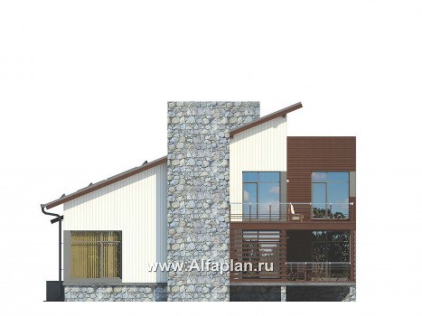 Проект дома с мансардой, план с камином, 2 спальни и сауна на 1 эт, с террасой и с балконом, в стиле хай-тек - превью фасада дома