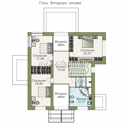 «Мелодия света» - проект двухэтажного дома, с террасой, планировка со вторым светом, кабинет и спальня на 1-ом этаже - превью план дома