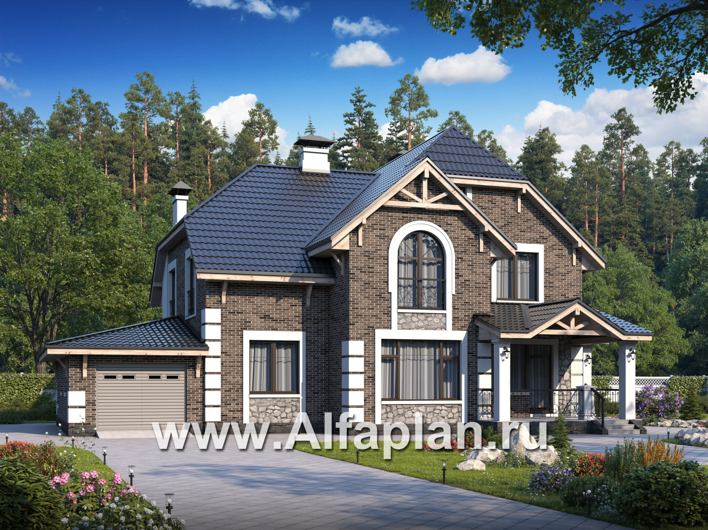 Проекты домов Альфаплан - «Ясная поляна»- коттедж для большой семьи с гаражом и бильярдной - основное изображение