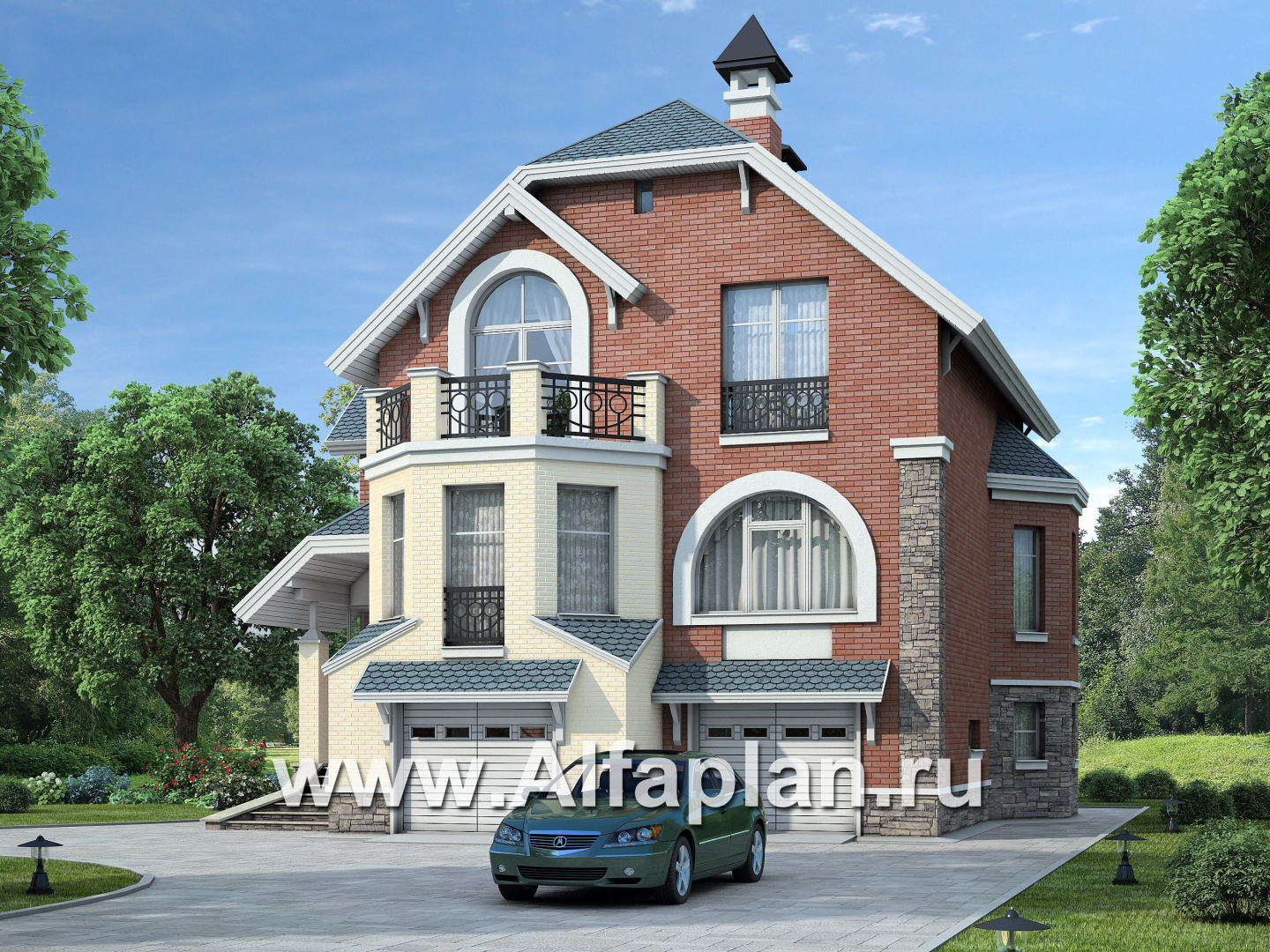 Проекты домов Альфаплан - «Корвет» - трехэтажный коттедж с двумя гаражами - основное изображение