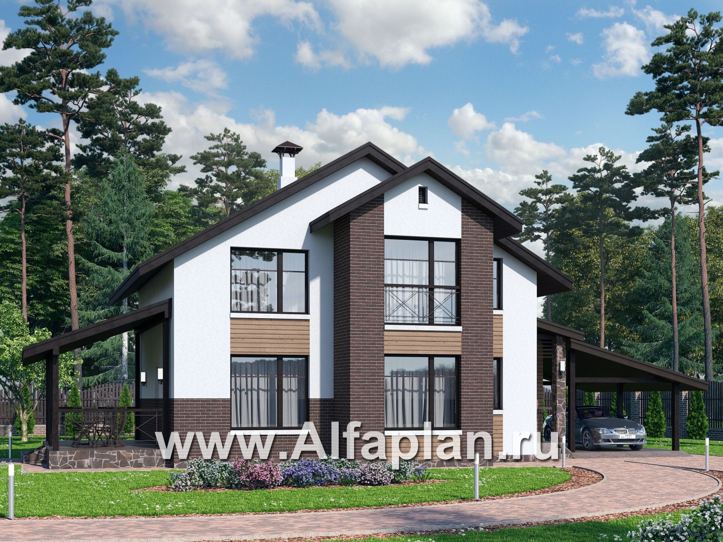 Проекты домов Альфаплан - Уютный загородный дом с двускатной кровлей - основное изображение