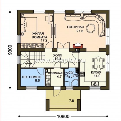 Проект двухэтажного дома, план со спальней на 1 эт и с террасой, в современном стиле - превью план дома