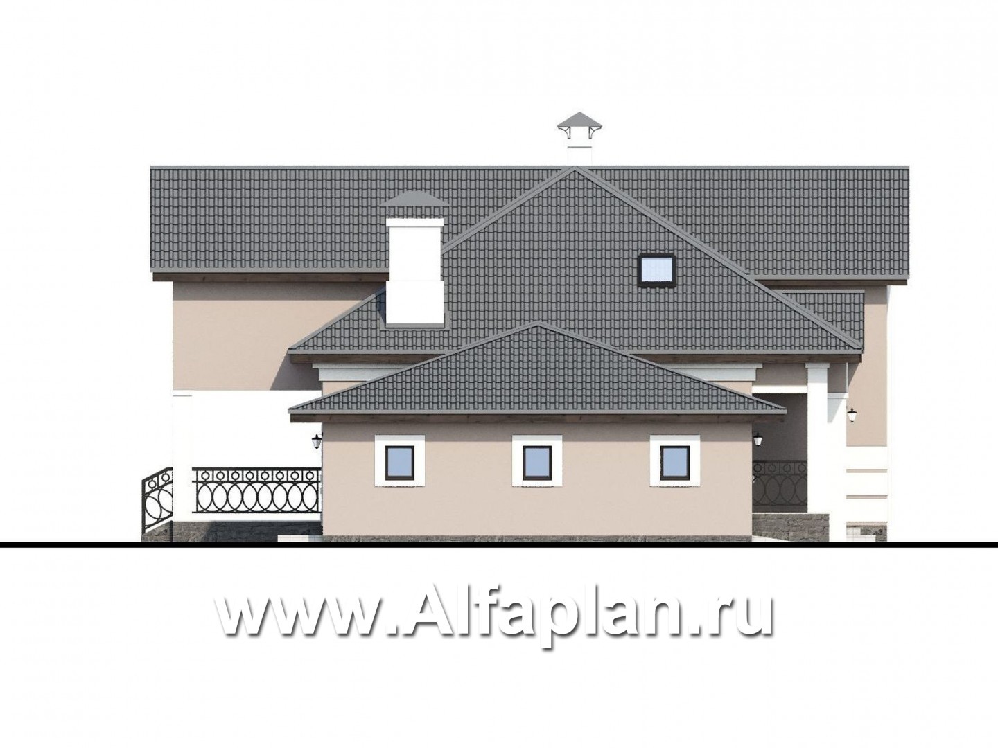 Проекты домов Альфаплан - «Волга» - коттедж с 3-я жилыми комнатами на 1 этаже, жилой мансардой и гаражом - изображение фасада №3