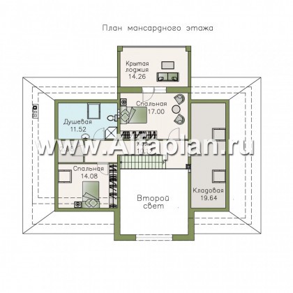 Проекты домов Альфаплан - «Волга» - коттедж с 3-я жилыми комнатами на 1 этаже, жилой мансардой и гаражом - превью плана проекта №2