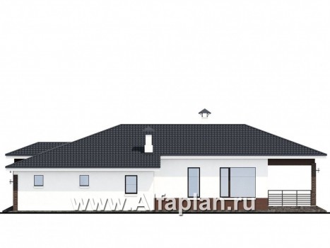 «Каллиопа» - проект одноэтажного дома, 2 спальни, с террасой и с гаражом, в современном стиле - превью фасада дома