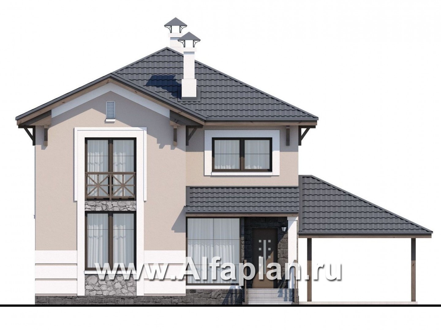 Проекты домов Альфаплан - Кирпичный дом «Собственный рай» с навесом для машины - изображение фасада №1