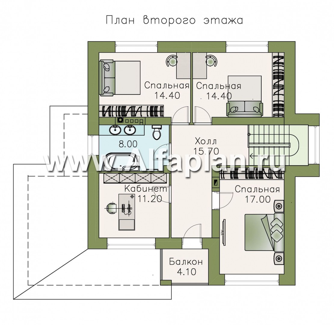 Проекты домов Альфаплан - «Роман с камнем» — двухэтажный коттедж с террасой при входе - изображение плана проекта №2