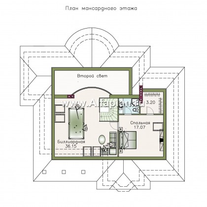 Проекты домов Альфаплан - «Линия судьбы» - одноэтажный дом с бильярдной в мансарде - превью плана проекта №3