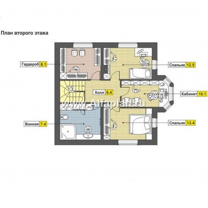 Проект дома с мансардой, гостевая комната на 1 эт, с эркером и с террасой - превью план дома