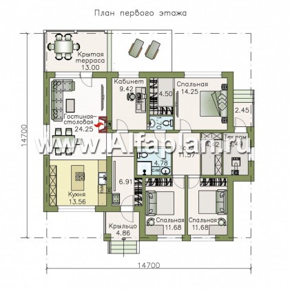 Проекты домов Альфаплан - «Выбор удачи» - современный стильный одноэтажный дом из кирпичей или блоков - превью плана проекта №1