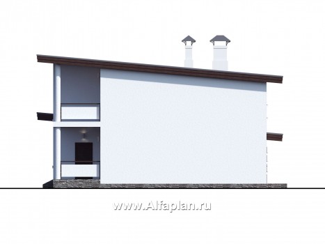 «Сезанн» - современный проект двухэтажного дома с террасой и с балконом, пристройка с сауной или квартирой,  с односкатной кровлей - превью фасада дома
