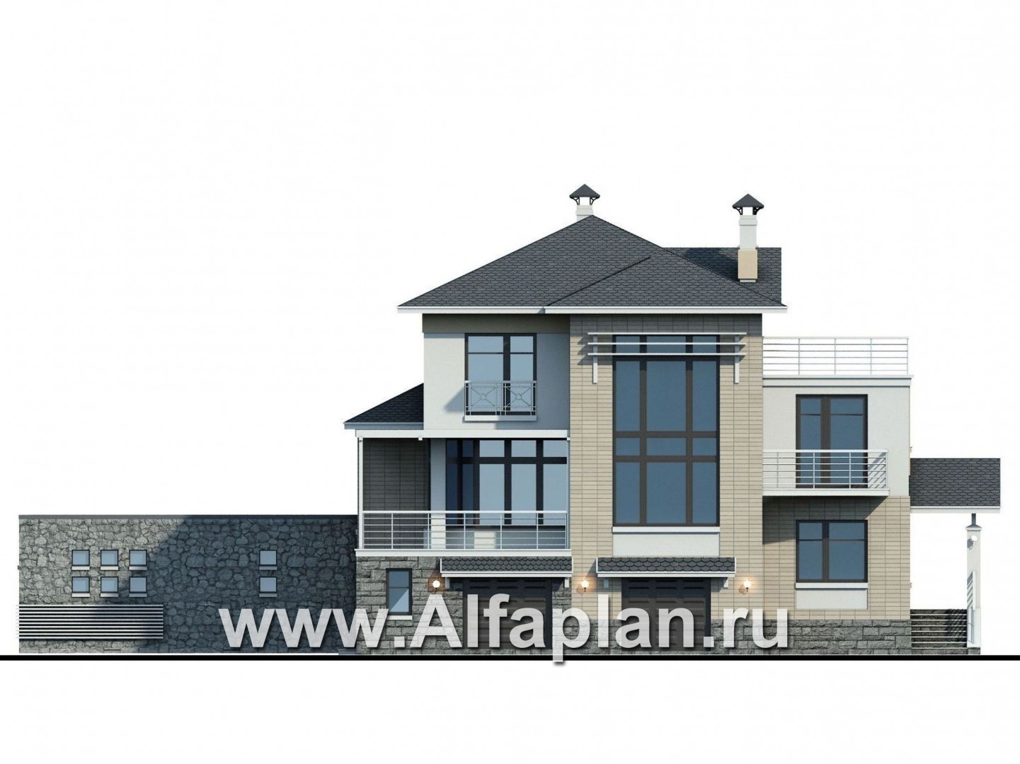Проекты домов Альфаплан - «Три семерки» — трехэтажный загородный особняк с бассейном ДУО - изображение фасада №1