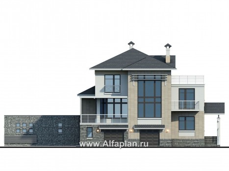 Проекты домов Альфаплан - «Три семерки» — трехэтажный загородный особняк с бассейном ДУО - превью фасада №1