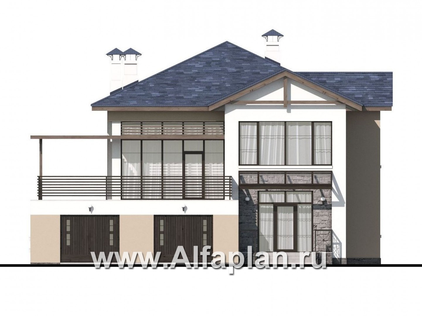 Проекты домов Альфаплан - «Динамика» — современный коттедж с большими гаражом и террасой - изображение фасада №1
