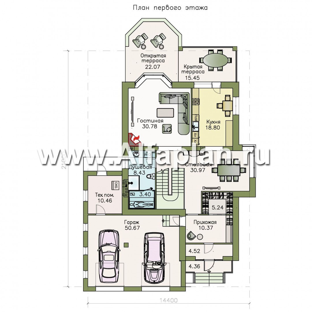 Проекты домов Альфаплан - «Динамика» — современный коттедж с большими гаражом и террасой - план проекта №1