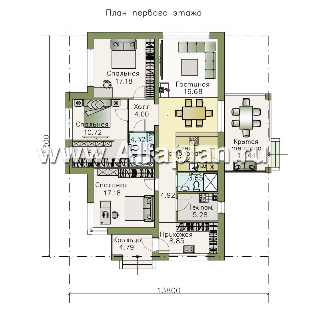 Проекты домов Альфаплан - «Грация» - современный компактный одноэтажный коттедж с террасой - изображение плана проекта №1