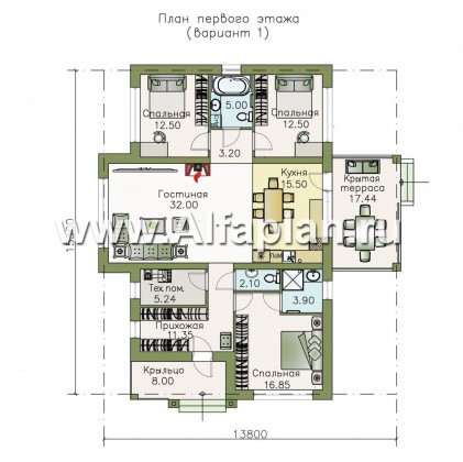 «Урания» - проект одноэтажного дома из кирпича, с террасой, в современном стиле, 3 спальни - превью план дома