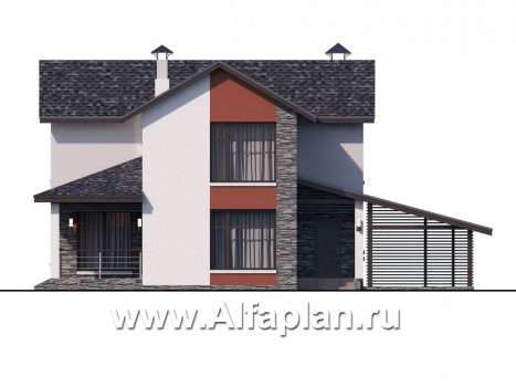 «Медиана» - проект двухэтажного дома из газобетона, с террасой и гаражом-навесом - превью фасада дома